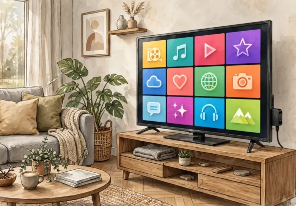 Television showing a grid of colorful streaming app tiles in a living room