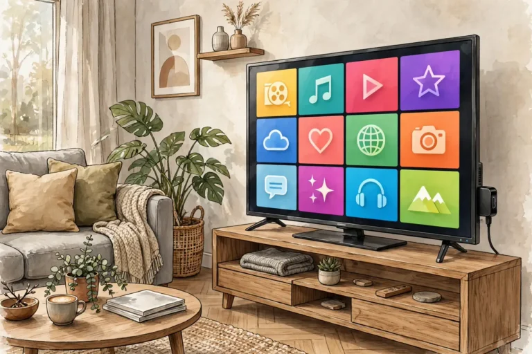 Television showing a grid of colorful streaming app tiles in a living room
